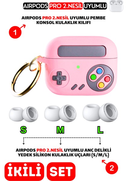 Pro 2.Nesil Uyumlu Pembe Konsol Kulaklık Kılıfı ve Anc Delikli Yedek Silikon Kulaklık Uçları (S,M,L)