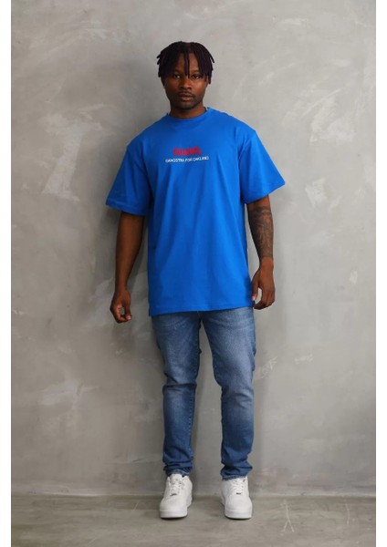 Unisex Baskılı Oversize T-Shirt - Mavi fırsatları