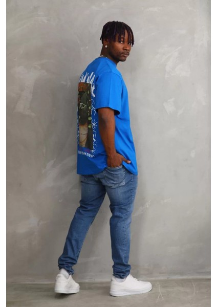 Unisex Baskılı Oversize T-Shirt - Mavi indirimleri