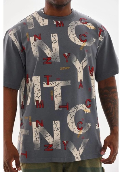 Unisex Baskılı Oversize T-Shirt - Füme