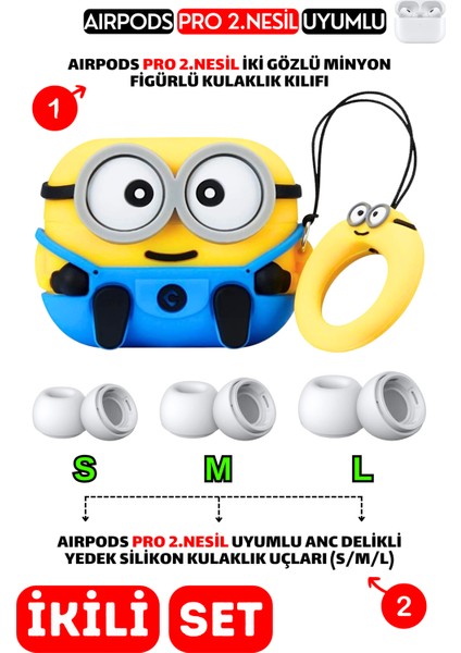 Pro 2.Nesil Uyumlu İki Gözlü Minyon Kılıf ve Anc Delikli Yedek Silikon Kulaklık Uçları (S,M,L)