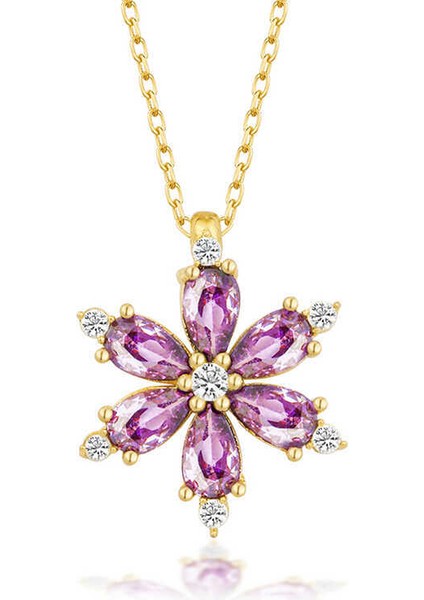 Gümüş Gold Mor Lotus Çiçeği Kadın Kolye