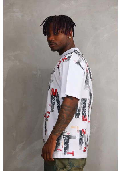 Unisex Baskılı Oversize T-Shirt - Beyaz fırsatları