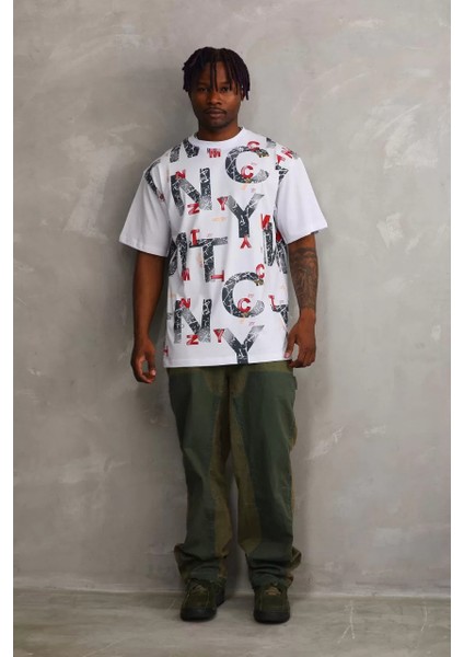 Unisex Baskılı Oversize T-Shirt - Beyaz indirimleri