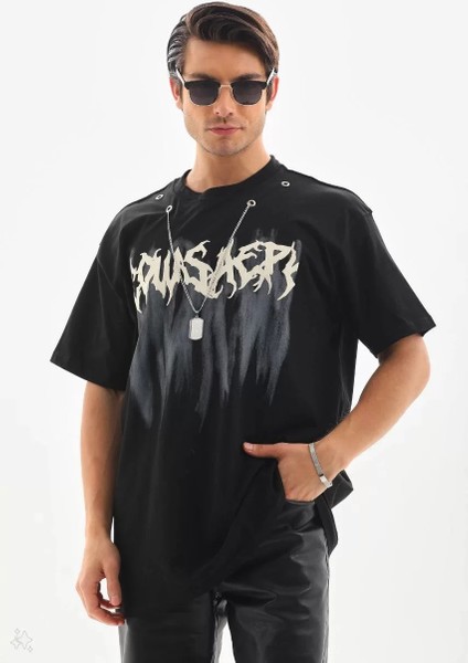 Unisex Oversize Kolye Dahil T-Shirt - Siyah