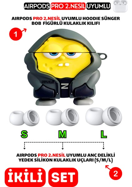 Pro 2.Nesil Uyumlu Hoodie Sünger Bob Kılıf ve Anc Delikli Yedek Silikon Kulaklık Uçları (S,M,L)