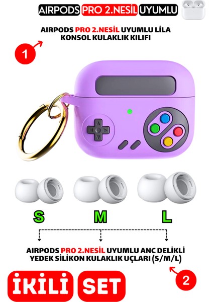 Pro 2.Nesil Uyumlu Lila Konsol Kulaklık Kılıfı ve Anc Delikli Yedek Silikon Kulaklık Uçları (S,M,L)