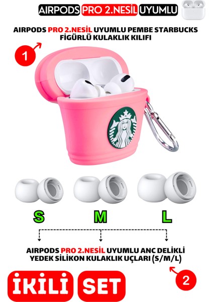 Pro 2.Nesil Uyumlu Pembe Starbucks Kılıf ve Anc Delikli Yedek Silikon Kulaklık Uçları (S,M,L)
