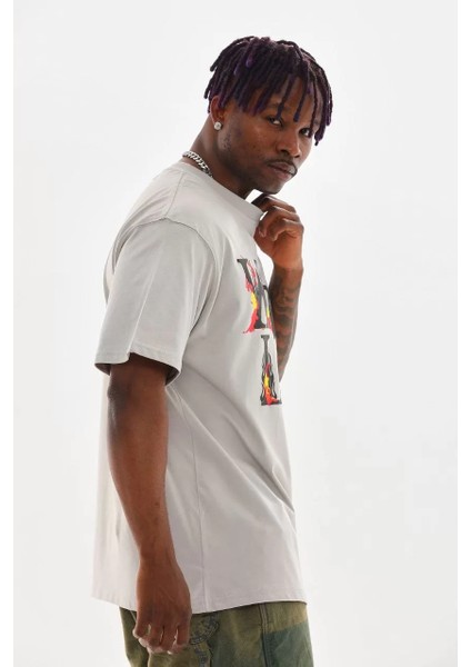 Unisex Baskılı Oversize T-Shirt - Gri indirimleri