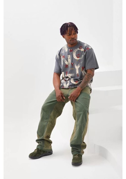 Unisex Baskılı Oversize T-Shirt - Füme indirimleri