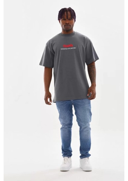 Unisex Baskılı Oversize T-Shirt - Füme indirimleri