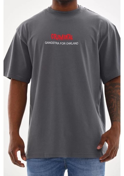 Unisex Baskılı Oversize T-Shirt - Füme