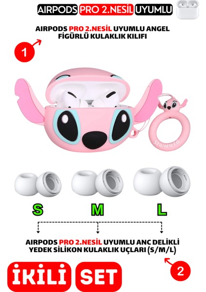 Pro 2.nesil Uyumlu Figürlü Kulaklık Kılıfı ve Anc Delikli Yedek Silikon Kulaklık Uçları (S,m,l)