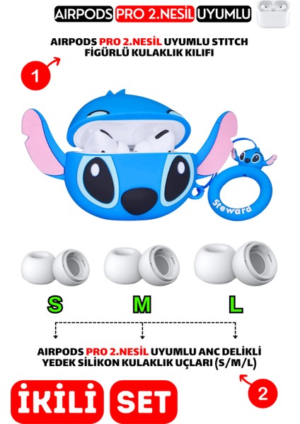 Pro 2.Nesil Uyumlu Stitch Kulaklık Kılıfı ve Anc Delikli Yedek Silikon Kulaklık Uçları (S,M,L)