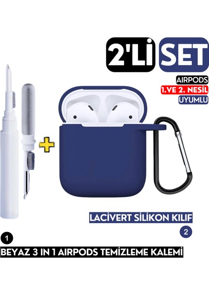 2'li Set - 1. ve 2. Nesil Uyumlu Silikon Kılıf ve 3'ü 1 Arada Kulaklık Temizleme Kalemi Seti