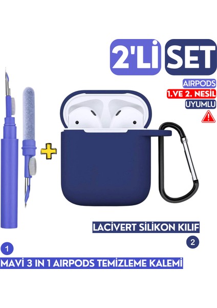 2'li Set - 1. ve 2. Nesil Uyumlu Silikon Kılıf ve 3'ü 1 Arada Kulaklık Temizleme Kalemi Seti