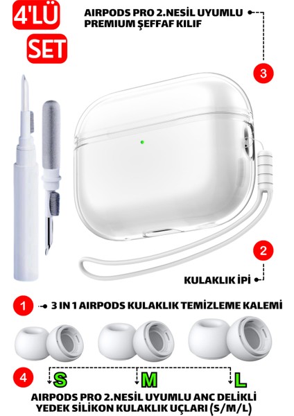 Pro 2. Nesil Uyumlu Şeffaf Kılıf, Kulaklık Ipi, 3 In 1 Temizleme Kalemi ve Anc Delikli Silikon Uçlar