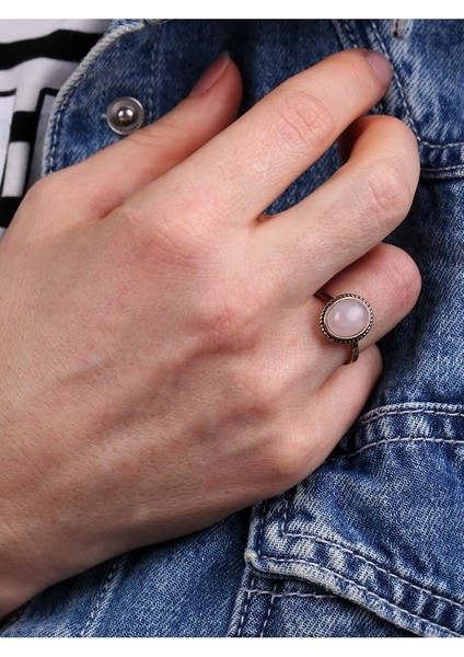 Doğal Taş Pembe Kuvars Doğal Taşlı Ayarlanabilir Yüzük Orta Boy