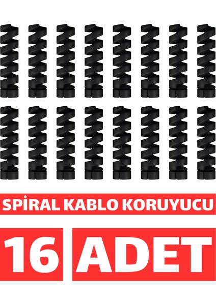 16 Adet - Siyah Spiral Kablo Koruyucu Seti, Kulaklık Kablosu ve Şarj Kablosu Koruyucu