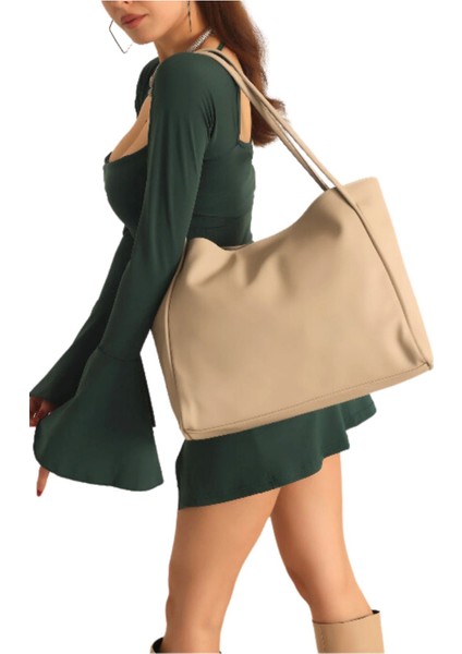 Krem Geniş Hacimli Kadın Çanta El ve Omuz Çantası Shopper Çanta Tote Çanta