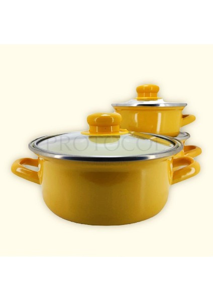 12/14/16 cm Mini Emaye Tencere Seti - Sarı