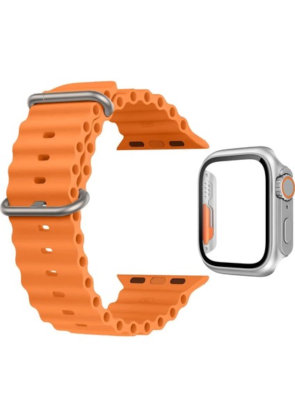 Apple Watch 45MM Uyumlu Ocean Silikon Kordon Kayış + Ekran Kasa Koruyuculu Kılıf - FC007
