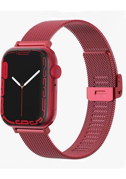 Apple Watch Tokalı Hasır Metal Kordon (38 mm / 40 mm / 41 mm Seriler /se/ ile Uyumlu) Kırmızı
