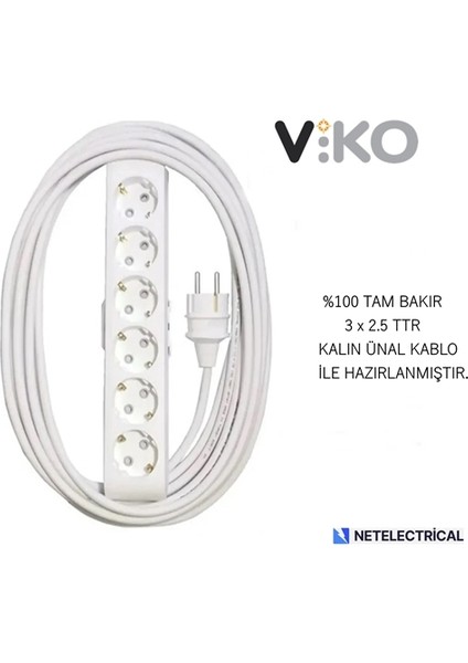 Multi-Let 6'lı 25 Metre Topraklı Çocuk Korumalı Kablolu Grup Priz (3x2.5 Ttr Tam Bakır Kalın Kablolu)
