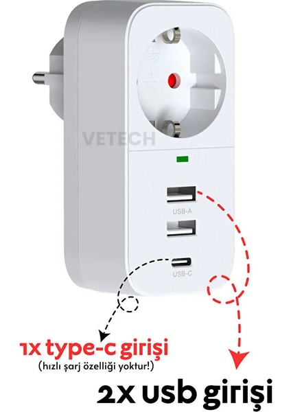 Ftr-17 Akım Korumalı Akıllı Priz 2 USB Girişi + 1 Type-C Girişli Priz