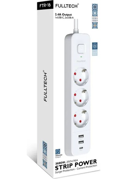 Ftr-16 Akım Korumalı 3'lü Priz 2xusb 1xtype-C 3680W Girişli Uzatma Kablolu Priz