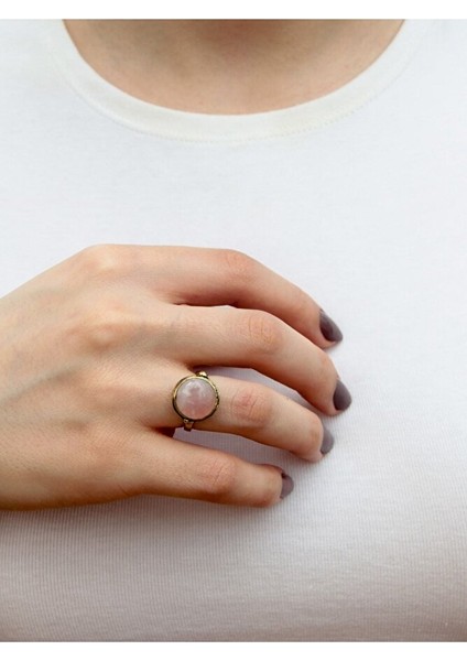 Doğal Taş Pembe Kuvars Doğal Taşlı Ayarlanabilir Yuvarlak Yüzük