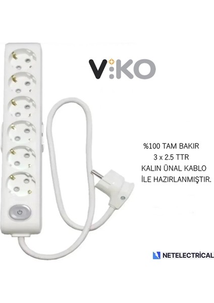 Multi-Let 6'lı 35 Metre Anahtarlı Topraklı Çocuk Korumalı Kablolu Grup Priz (3x2.5 Ttr Tam Bakır Kalın Kablolu)