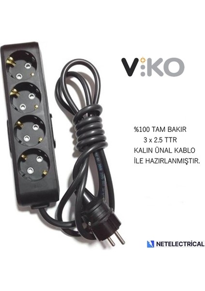 Multi-Let Siyah 4'lü 5 Metre Topraklı Çocuk Korumalı Kablolu Grup Priz (3x2.5 Ttr Tam Bakır Kalın Kablolu)