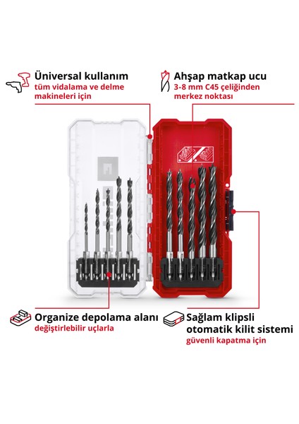 S-CASE 10 Parçalı Ahşap Matkap Ucu Seti (Çift Spiral, Haddelenmiş C45 Takım Çeliğinden Yapılmış, E 6.3 Sap, 3 Noktalı Taşlanmış Bağlantı, Merkezleme Ucu Dahil Saklama Kutusu)