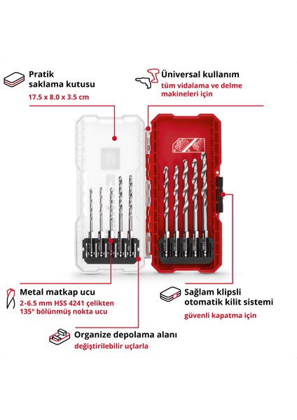 S-CASE 10 Parça Metal Matkap Ucu Seti (HSS 4241 Çelikten Yapılmış, E 6.3 Sap, 135° Bölünmüş Nokta Uç, Rulo Halinde Haddelenmiş N Tipi Spiral, Saklama Kutusu Dahil)