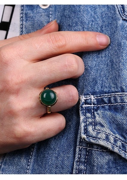 Doğal Taş Yeşil Akik Doğal Taşlı Ayarlanabilir Yuvarlak Taşlı Yüzük