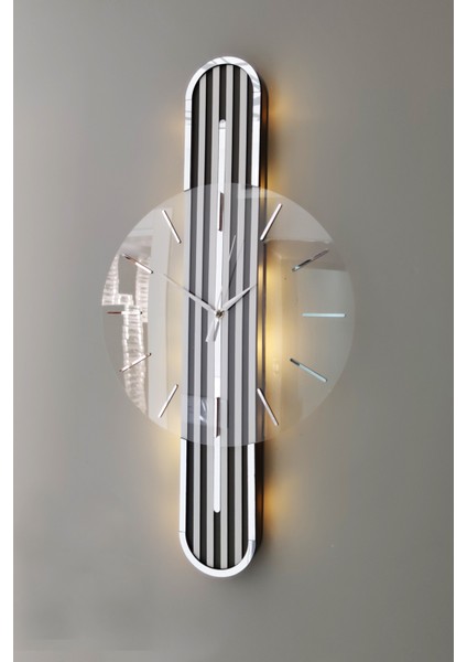 Modern Stylish DESIGN-AYNALI-65CM-PILLI Led-Sessiz Mekanizma-Asse Ahşap Gri 65 x 15 Dikdörtgen