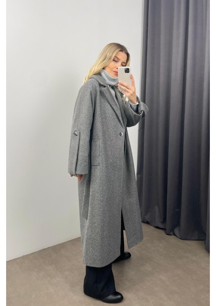 Koyu Gri Balıksırtı Model Kuşaklı Astarlı Oversize Yün Kaban