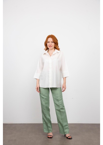 Beyaz Sırtı Dikişli Gold Düğmeli Keten Gömlek modelleri