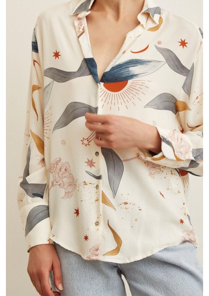 Ekru Renkli Desenli Oversize Gömlek indirimleri