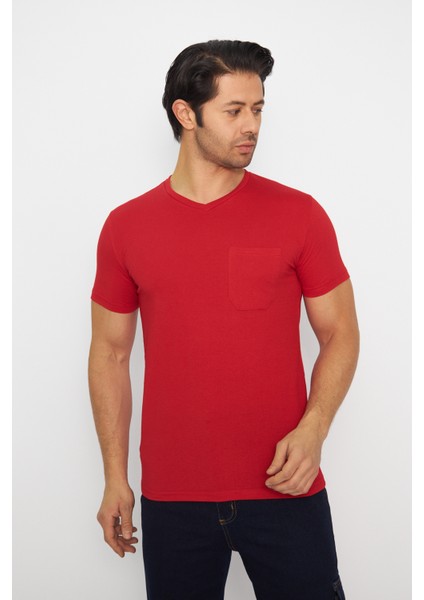 T-Shirt V Yaka Kısakol Pamuk Cepli Kırmızı