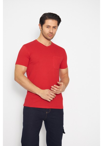 T-Shirt V Yaka Kısakol Pamuk Cepli Kırmızı modelleri