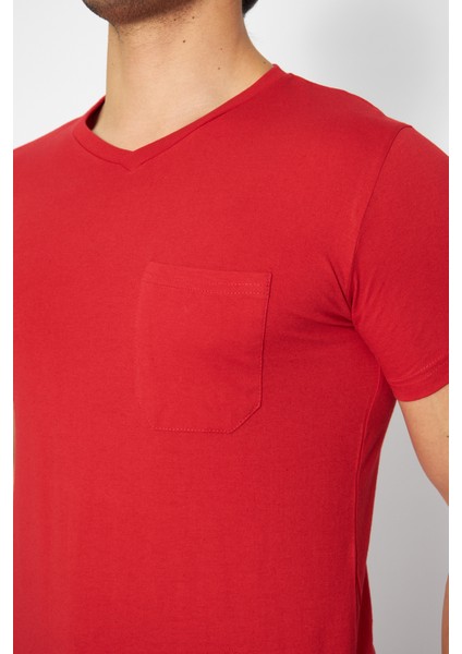 T-Shirt V Yaka Kısakol Pamuk Cepli Kırmızı