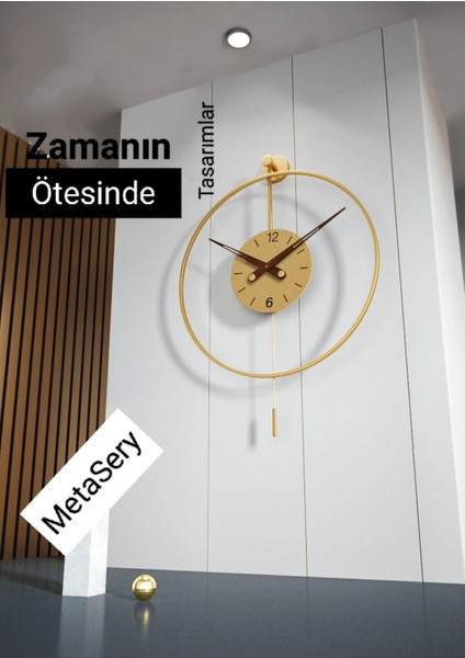 60 x 80 Timelles Premium Gold Solo , Modern Dekoratif Sarkaçlı Metal Duvar Saati Metal Yuvarlak Alt