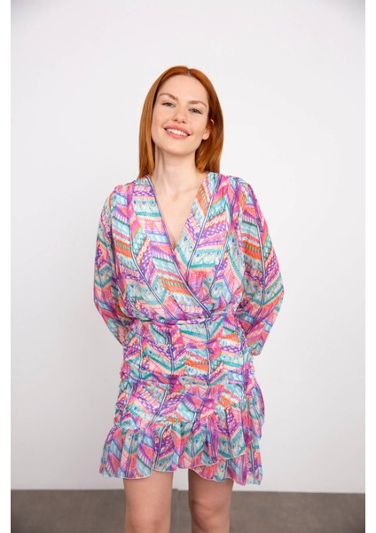 Renkli Desenli V Yaka Astarlı Büzgülü Elbise