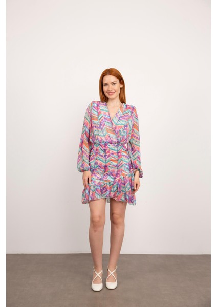 Renkli Desenli V Yaka Astarlı Büzgülü Elbise fiyatları