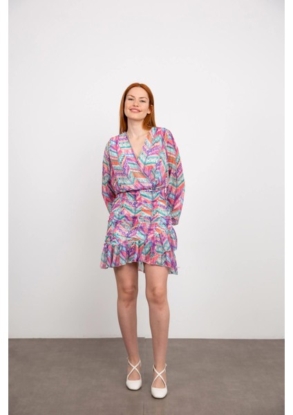 Renkli Desenli V Yaka Astarlı Büzgülü Elbise modelleri