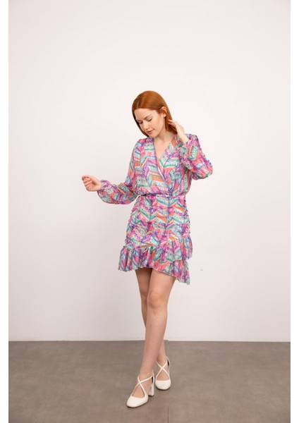 Renkli Desenli V Yaka Astarlı Büzgülü Elbise fırsatları