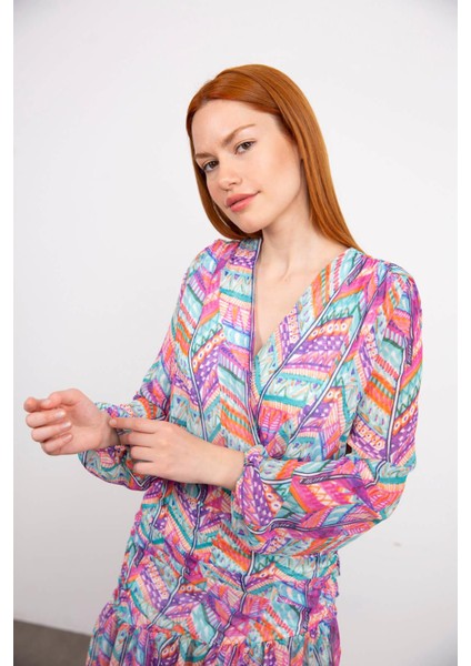 Renkli Desenli V Yaka Astarlı Büzgülü Elbise indirimleri