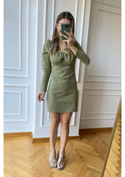 Haki Drapeli Uzunkollu Mini Elbise